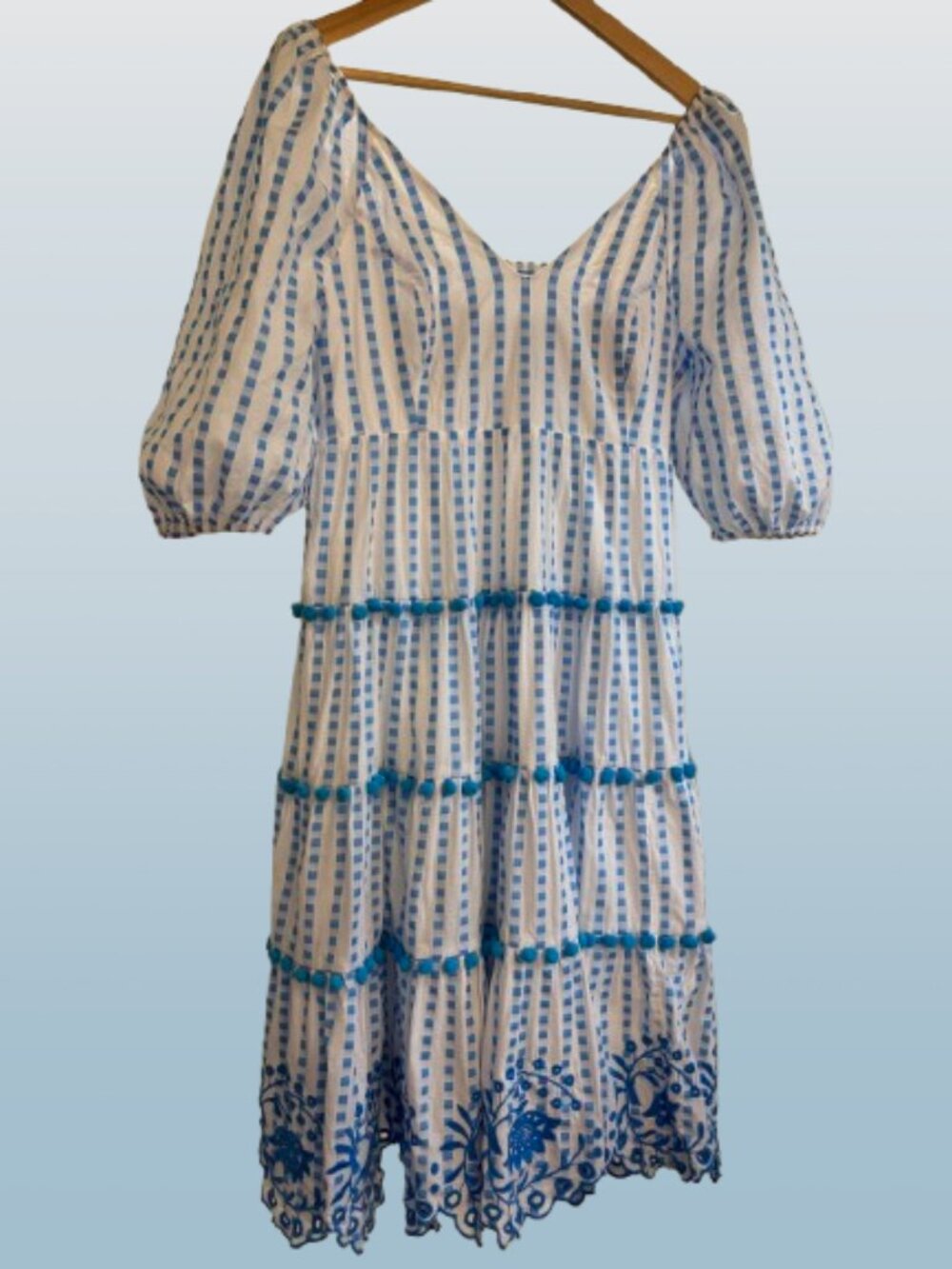 Lilly Pulitzer Sidney Blue and White Embroidered Pom Pom Tiered Dress 10